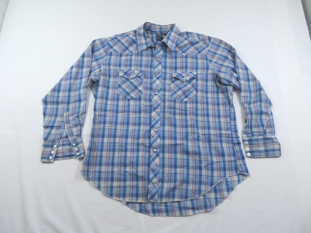 Wrangler Pearl Snap Shirt, Plaid Check, Blue Red White Sz 18-35 1970s/80s